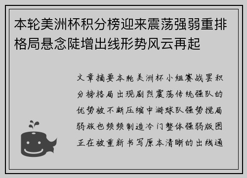 本轮美洲杯积分榜迎来震荡强弱重排格局悬念陡增出线形势风云再起